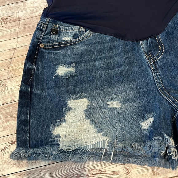 Pinkblush Dark Wash Distressed Fringe Hem Maternity Full Panel Jean Shorts - Picture 5 of 11